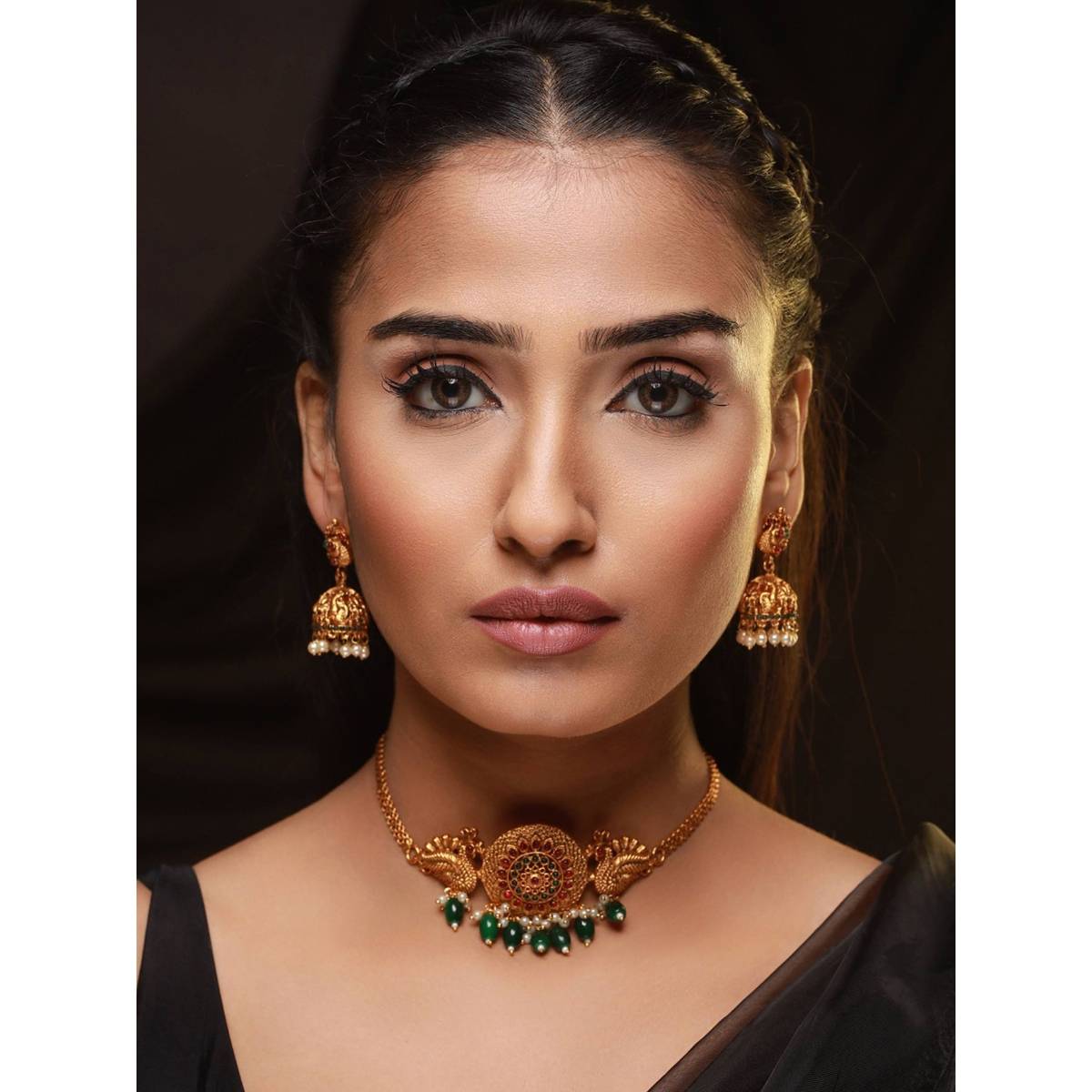 Aatmana Gold Plated Pink & Green Stone Studded & Beaded, Peacock Motif Temple Choker Set · One Size