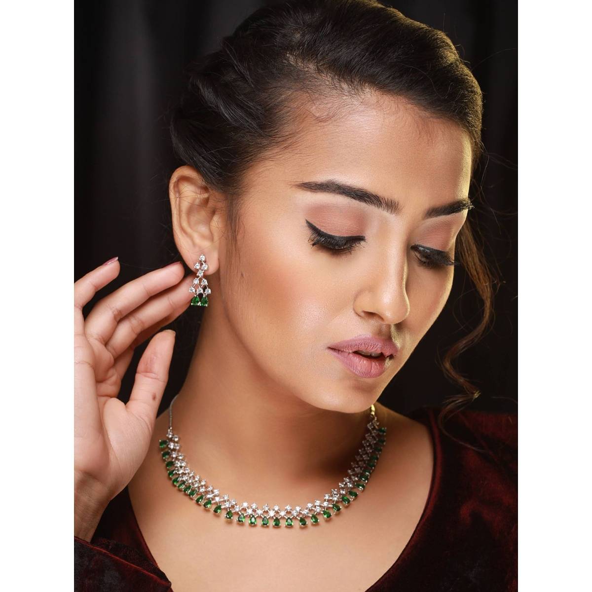 Aatmana Silver Plated Green American Diamond Studded Jewellery Set