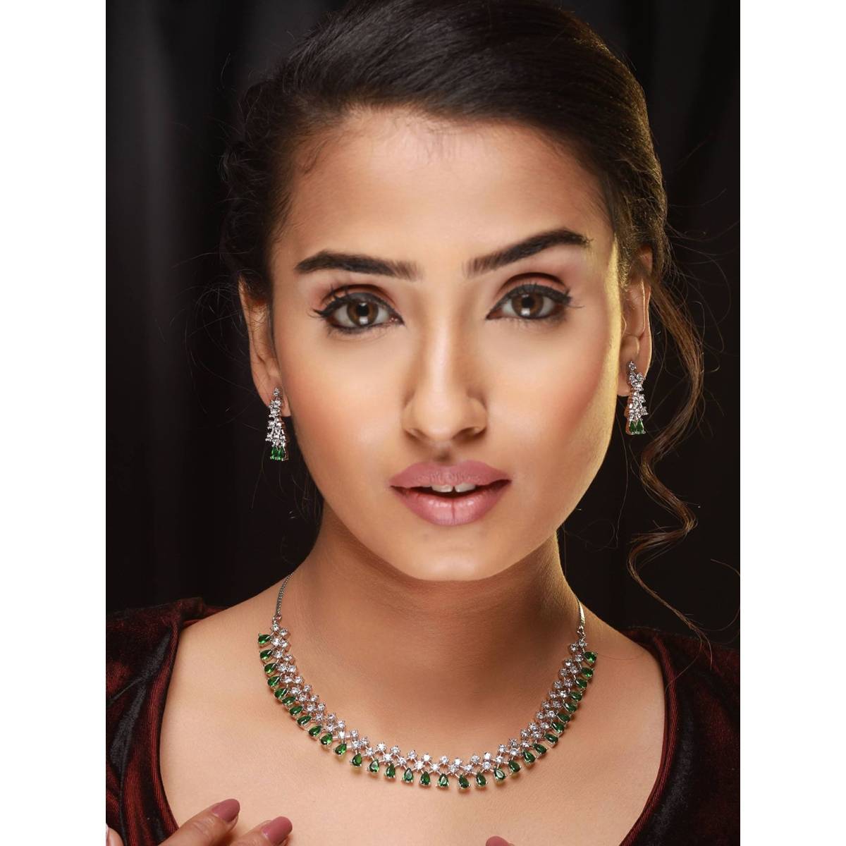 Aatmana Silver Plated Green American Diamond Studded Jewellery Set