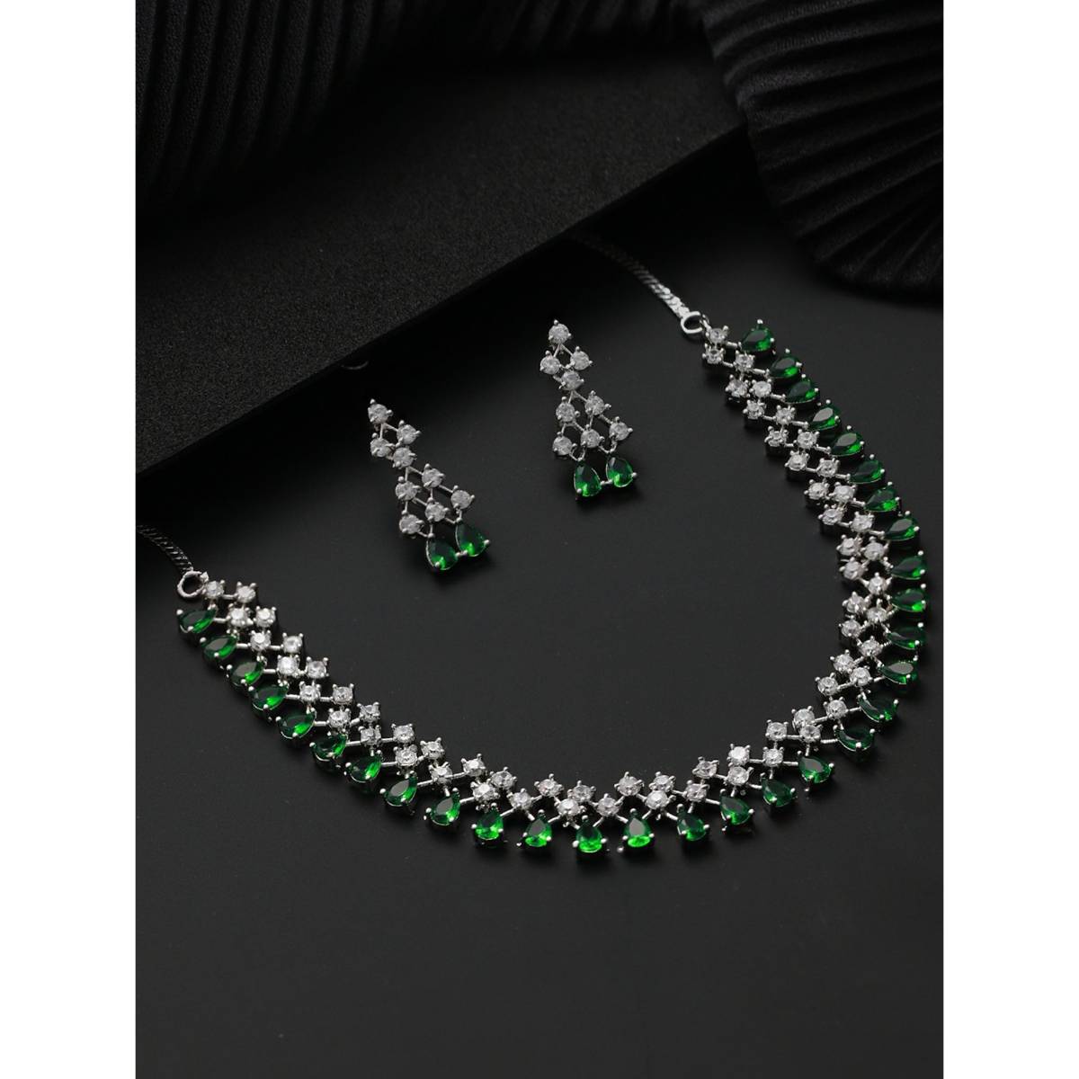 Aatmana Silver Plated Green American Diamond Studded Jewellery Set