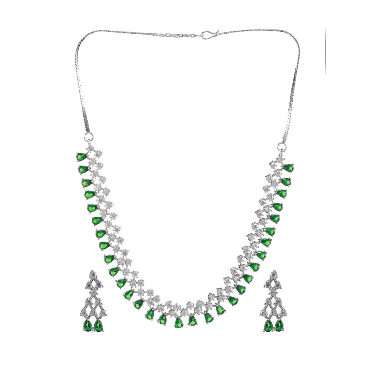 Aatmana Silver Plated Green American Diamond Studded Jewellery Set