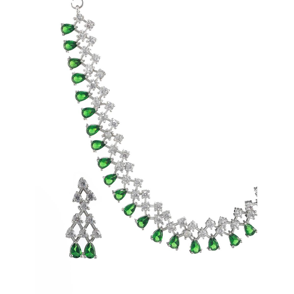 Aatmana Silver Plated Green American Diamond Studded Jewellery Set