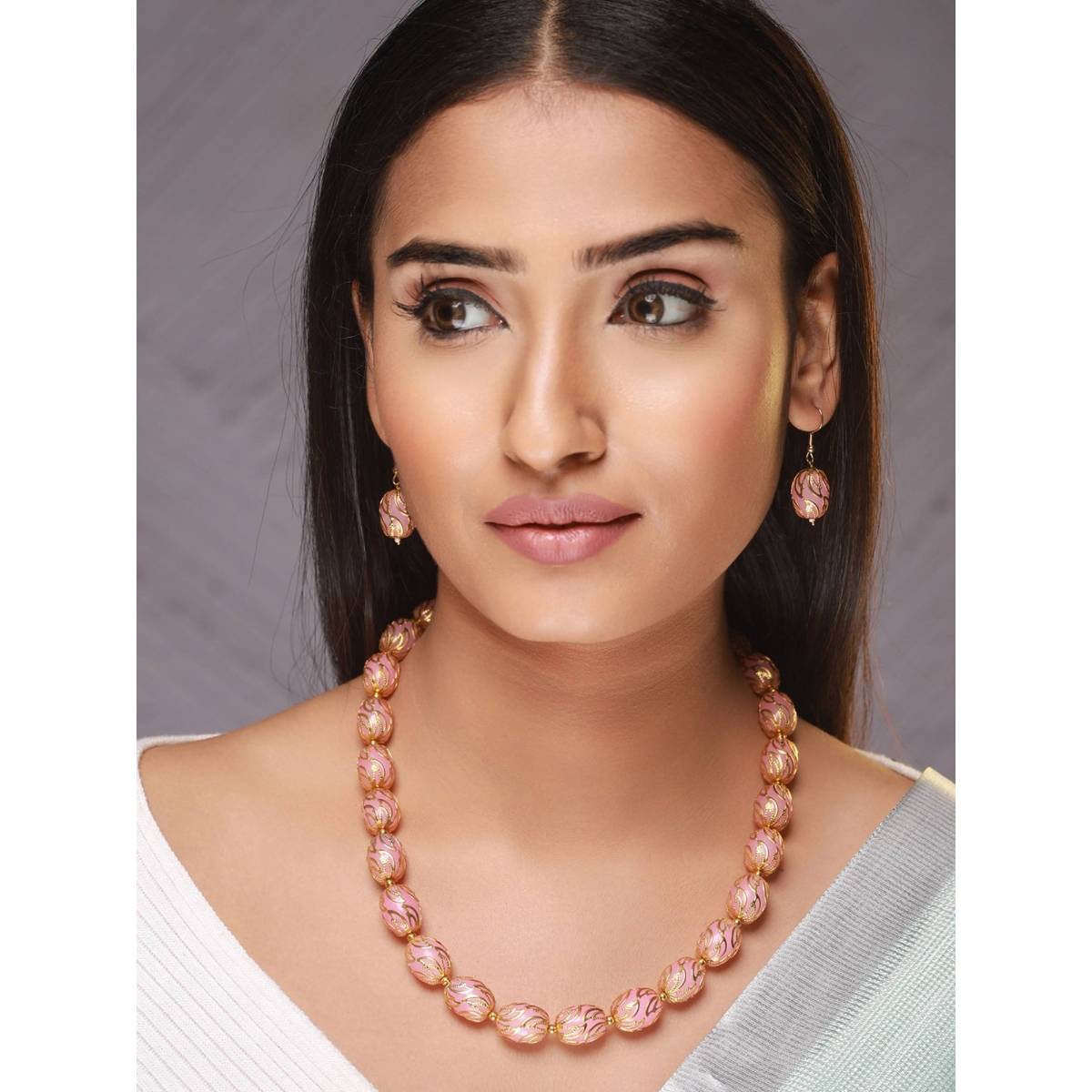 Aatmana Gold Plated Pink & Gold Beads Handcrafted Mala with Earrings