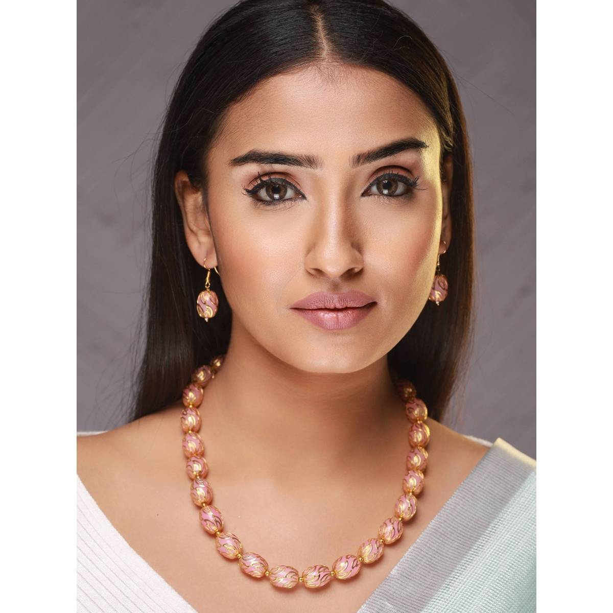 Aatmana Gold Plated Pink & Gold Beads Handcrafted Mala with Earrings