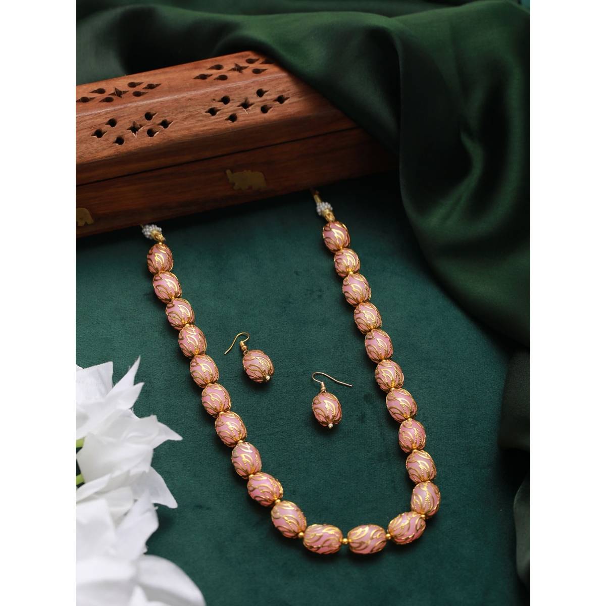 Aatmana Gold Plated Pink & Gold Beads Handcrafted Mala with Earrings