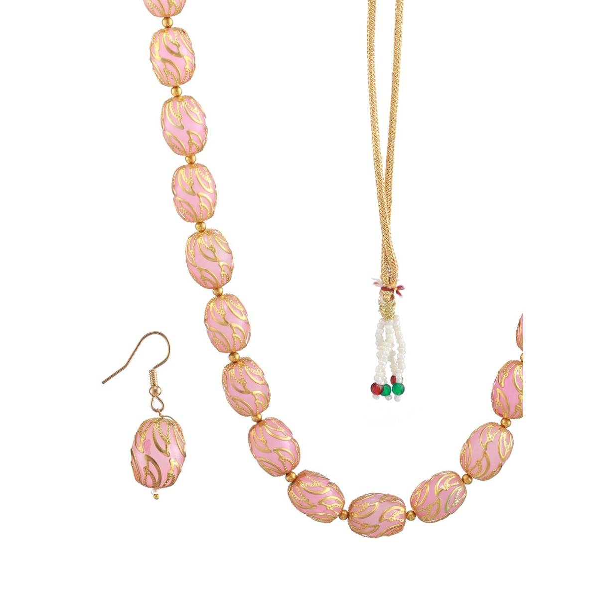 Aatmana Gold Plated Pink & Gold Beads Handcrafted Mala with Earrings