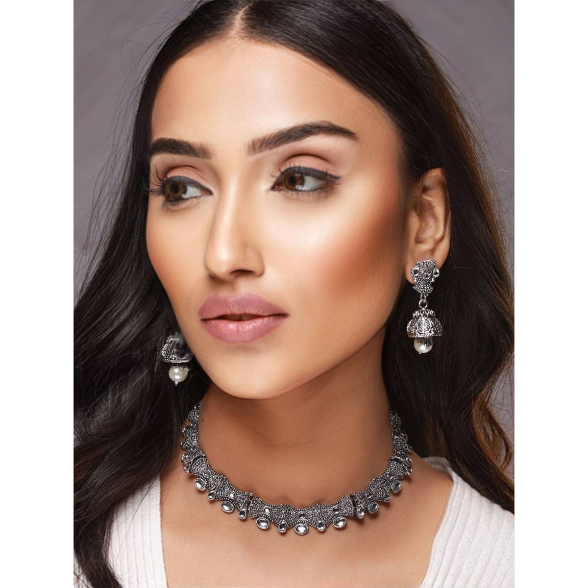 Aatmana Silver Toned White Stone Studded & Beaded Oxidised Jewellery Set