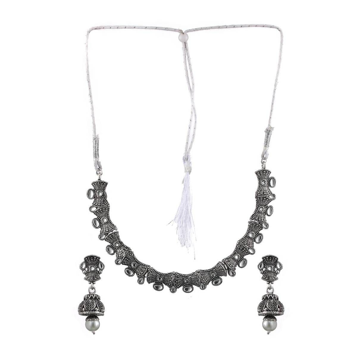 Aatmana Silver Toned White Stone Studded & Beaded Oxidised Jewellery Set
