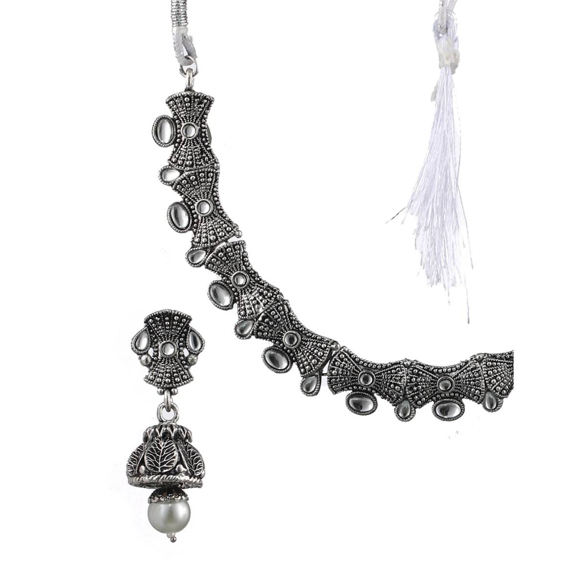 Aatmana Silver Toned White Stone Studded & Beaded Oxidised Jewellery Set