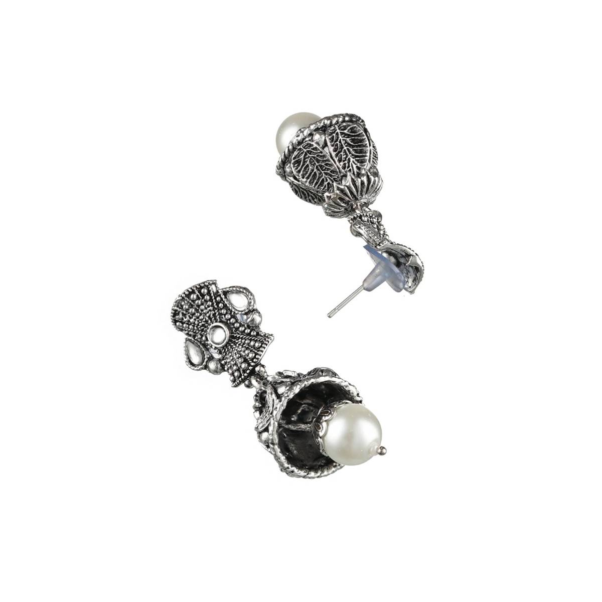 Aatmana Silver Toned White Stone Studded & Beaded Oxidised Jewellery Set