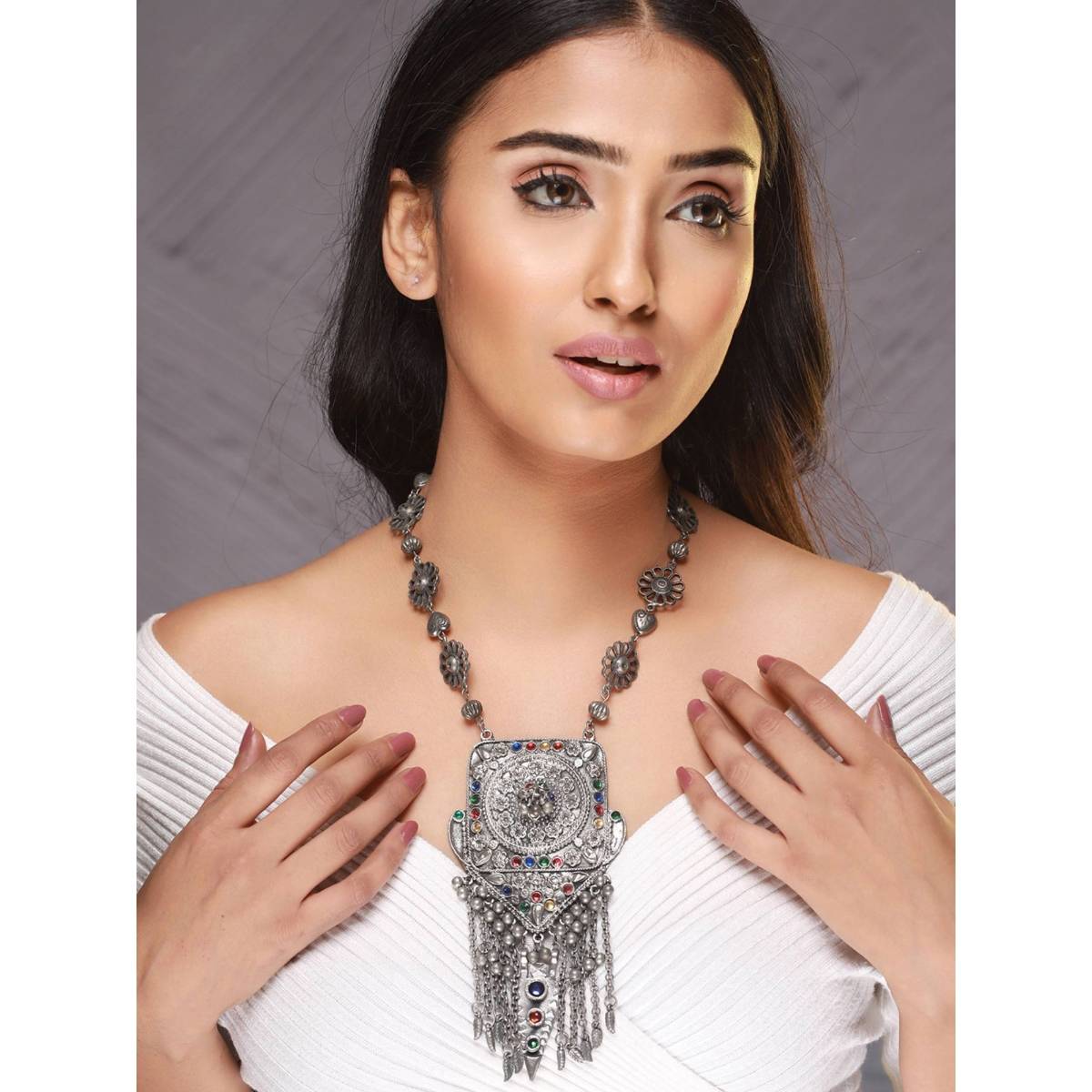 Aatmana Multi-Color Oxidised Silver Plated Handcrafted Afghan Jewellery Set