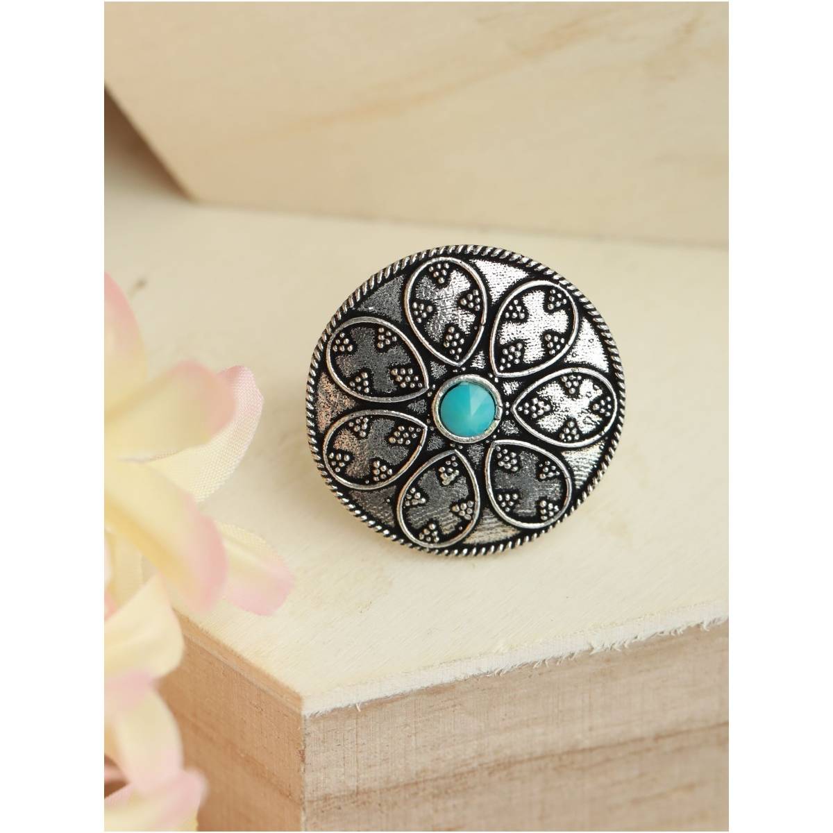 Aatmana Oxidised Silver Plated Blue Stone Studded Finger Ring · One Size