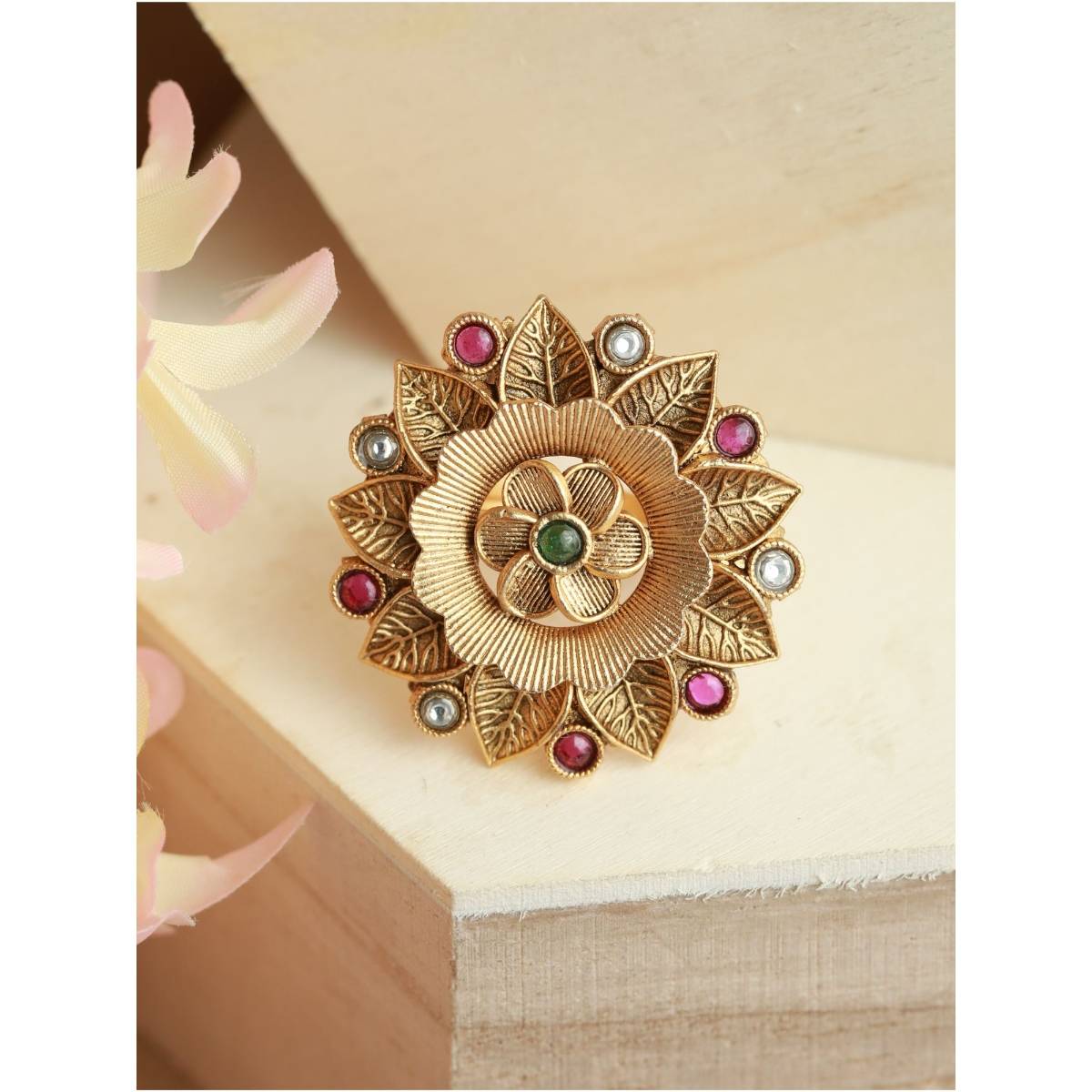 Aatmana Gold Plated Pink & White Stone Studded Antique Finger Ring