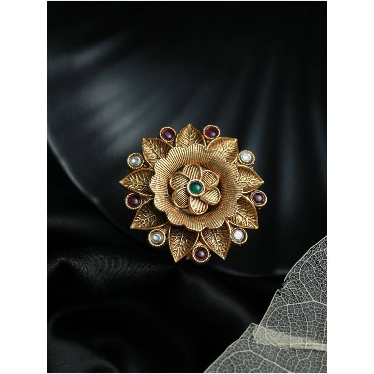 Aatmana Gold Plated Pink & White Stone Studded Antique Finger Ring