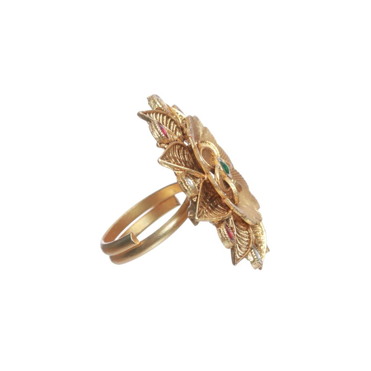 Aatmana Gold Plated Pink & White Stone Studded Antique Finger Ring