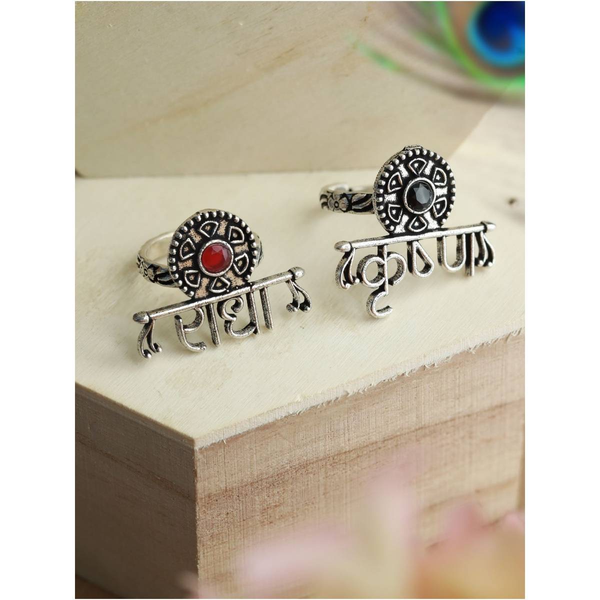 Aatmana Set Of 2 Oxidised Silver Plated Handcrafted, Red & Green Finger Ring