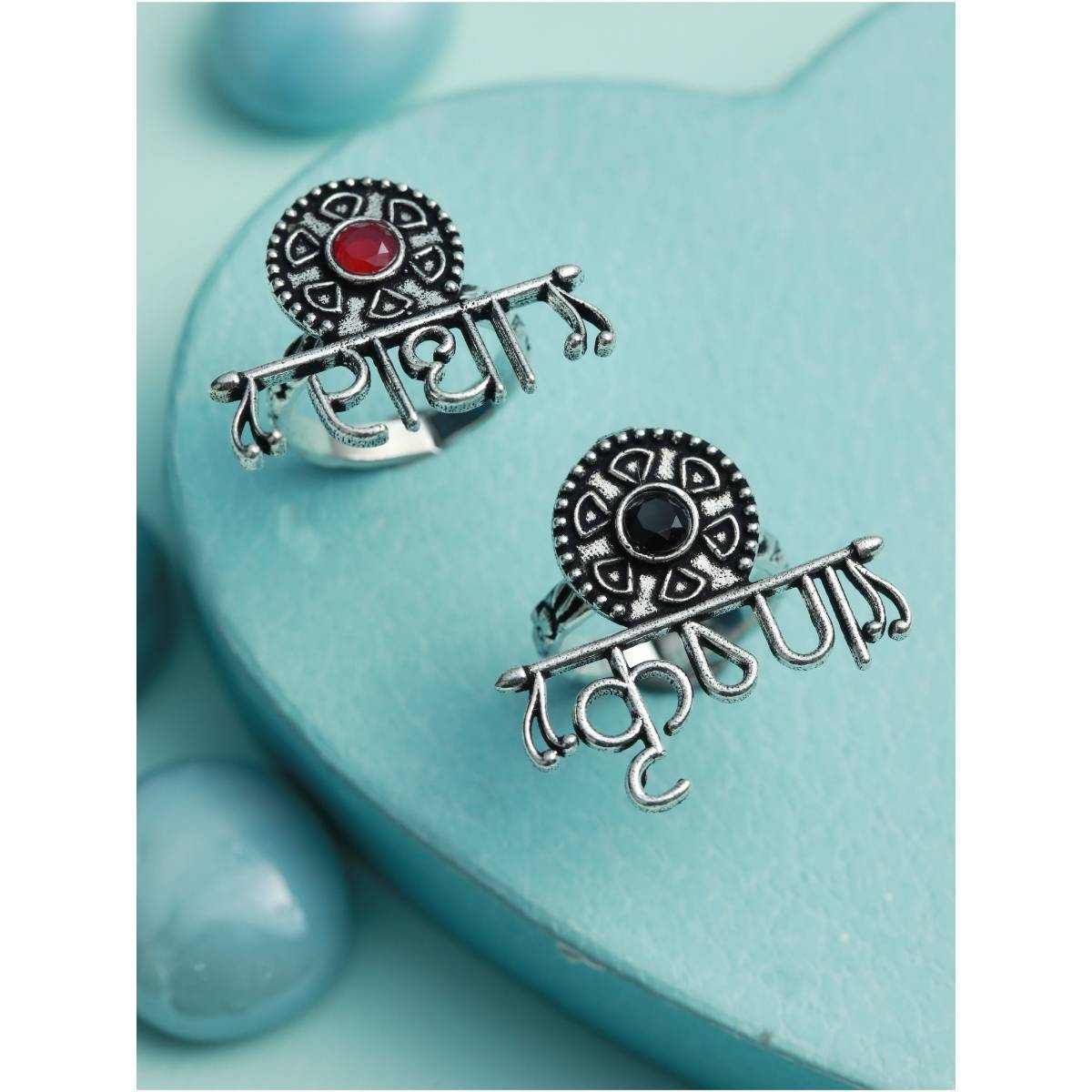 Aatmana Set Of 2 Oxidised Silver Plated Handcrafted, Red & Green Finger Ring