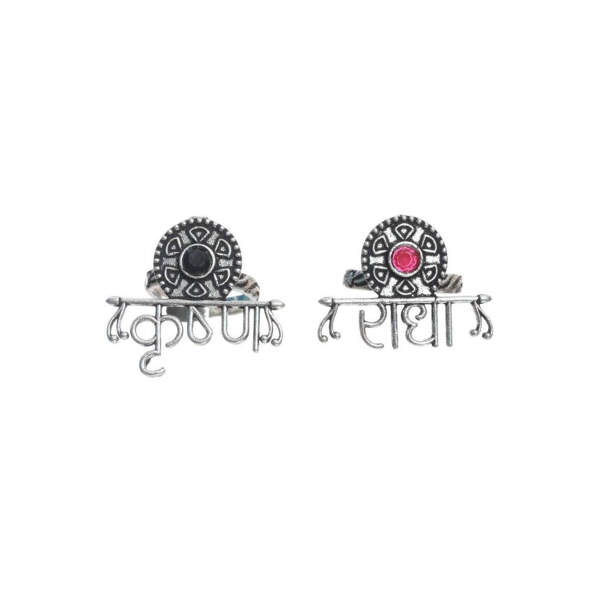 Aatmana Set Of 2 Oxidised Silver Plated Handcrafted, Red & Green Finger Ring