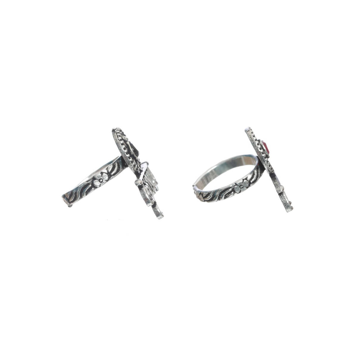 Aatmana Set Of 2 Oxidised Silver Plated Handcrafted, Red & Green Finger Ring