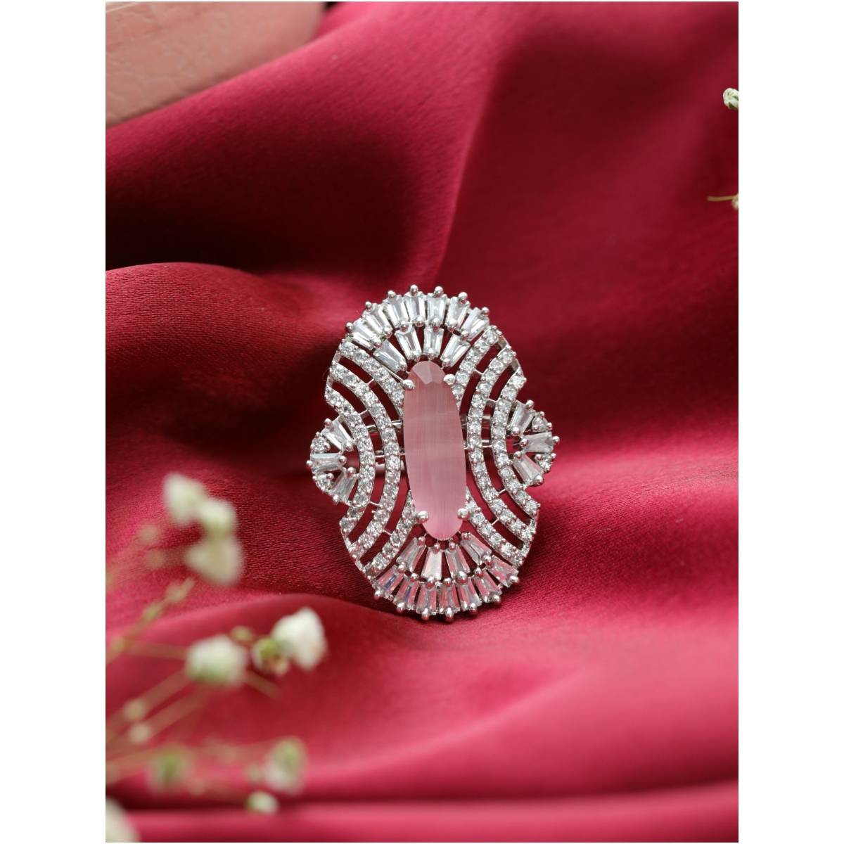 Aatmana Pink American Diamond Studded, Silver Plated Cz Studded Adjustable Finger Ring