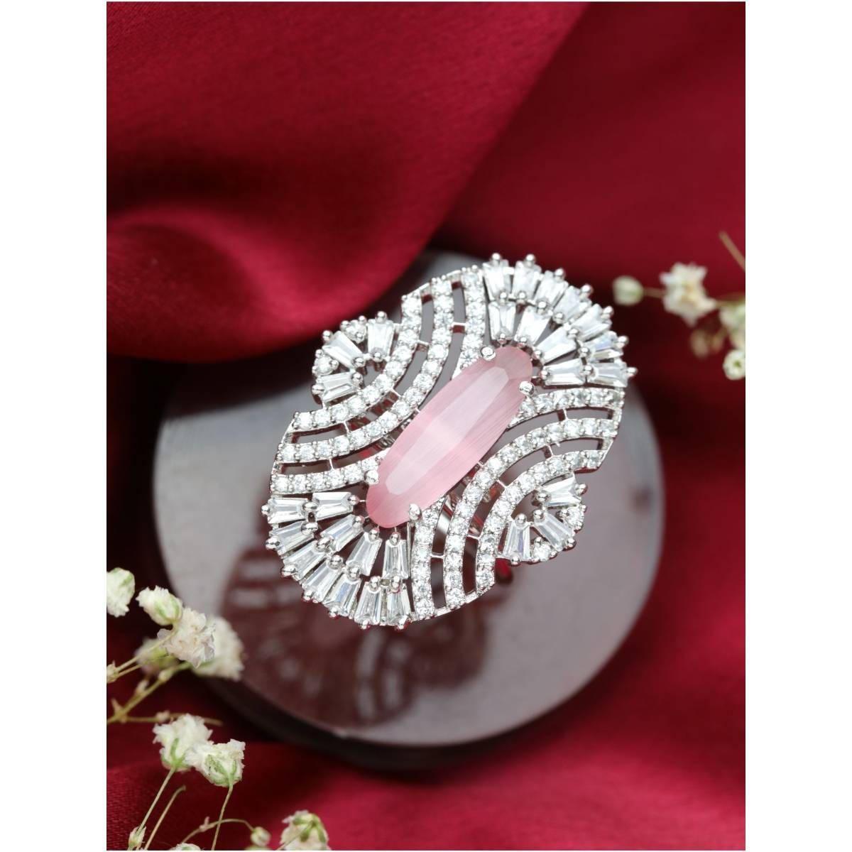 Aatmana Pink American Diamond Studded, Silver Plated Cz Studded Adjustable Finger Ring