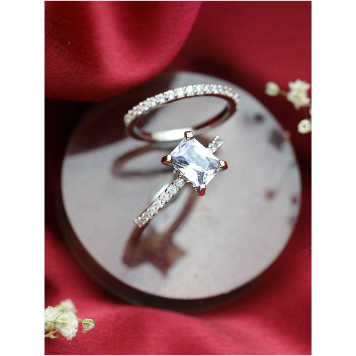 Aatmana Silver Plated Cz Studded Solitaire Stack Rings