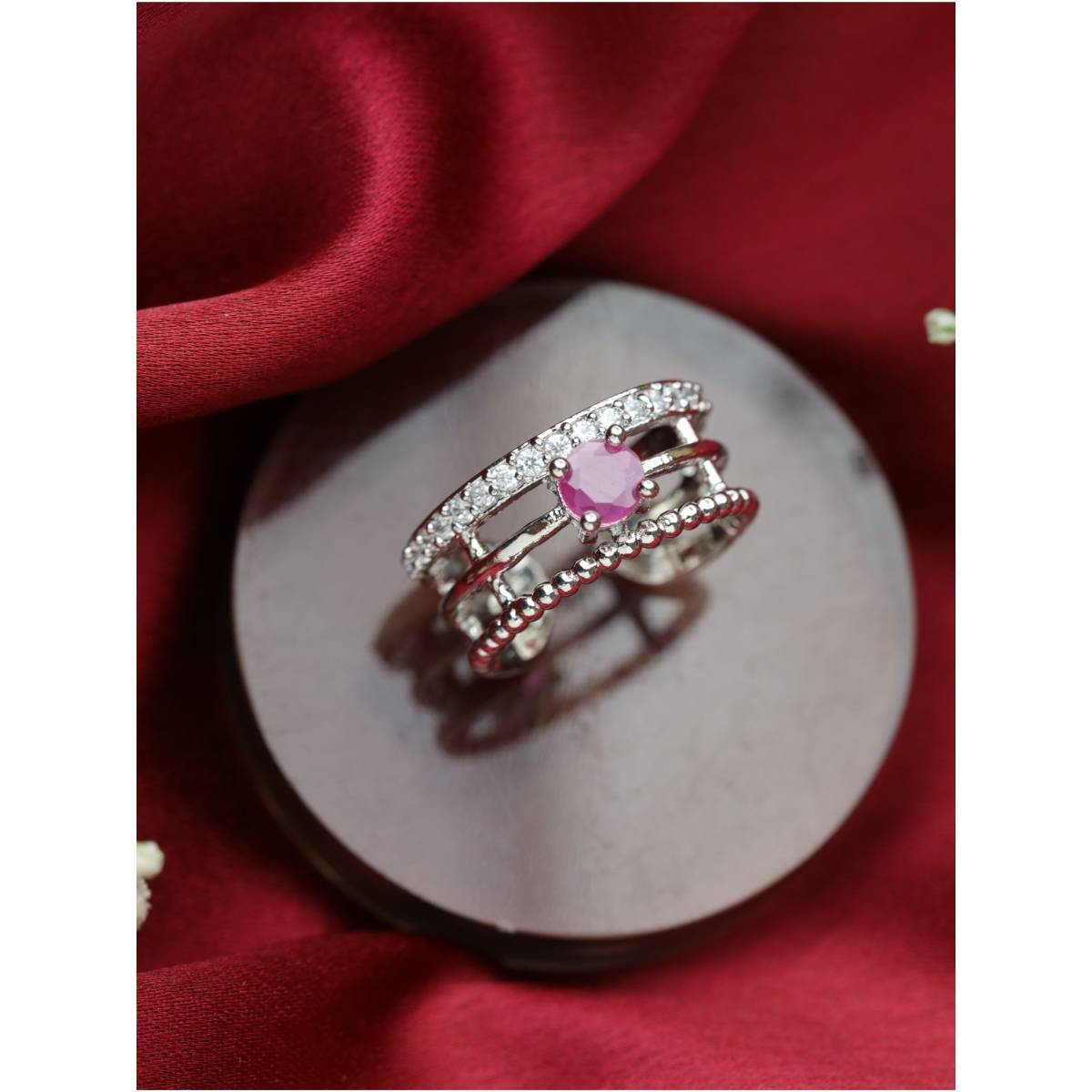 Aatmana Pink Silver Plated Ad Studded Handcrafted Adjustable Finger Ring