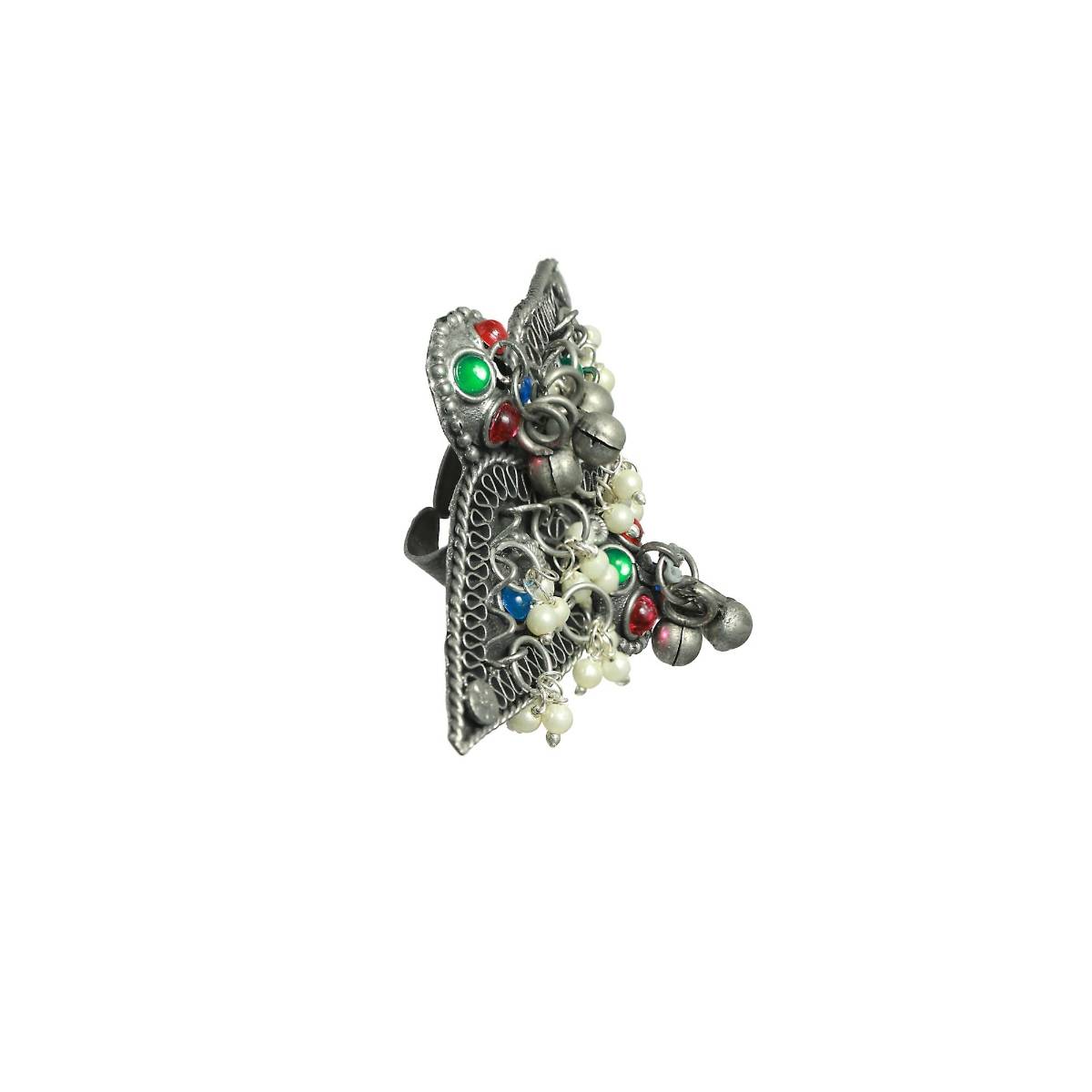 Aatmana Multi-Color Oversized Afghani Carved, Square Shaped Adjustable Finger Ring