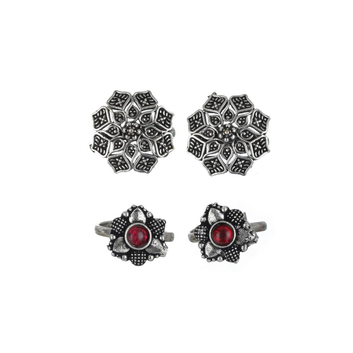 Aatmana Women Set Of 2 Oxidized Silver Toned & Red Stone Studded Adjustable Toe Rings