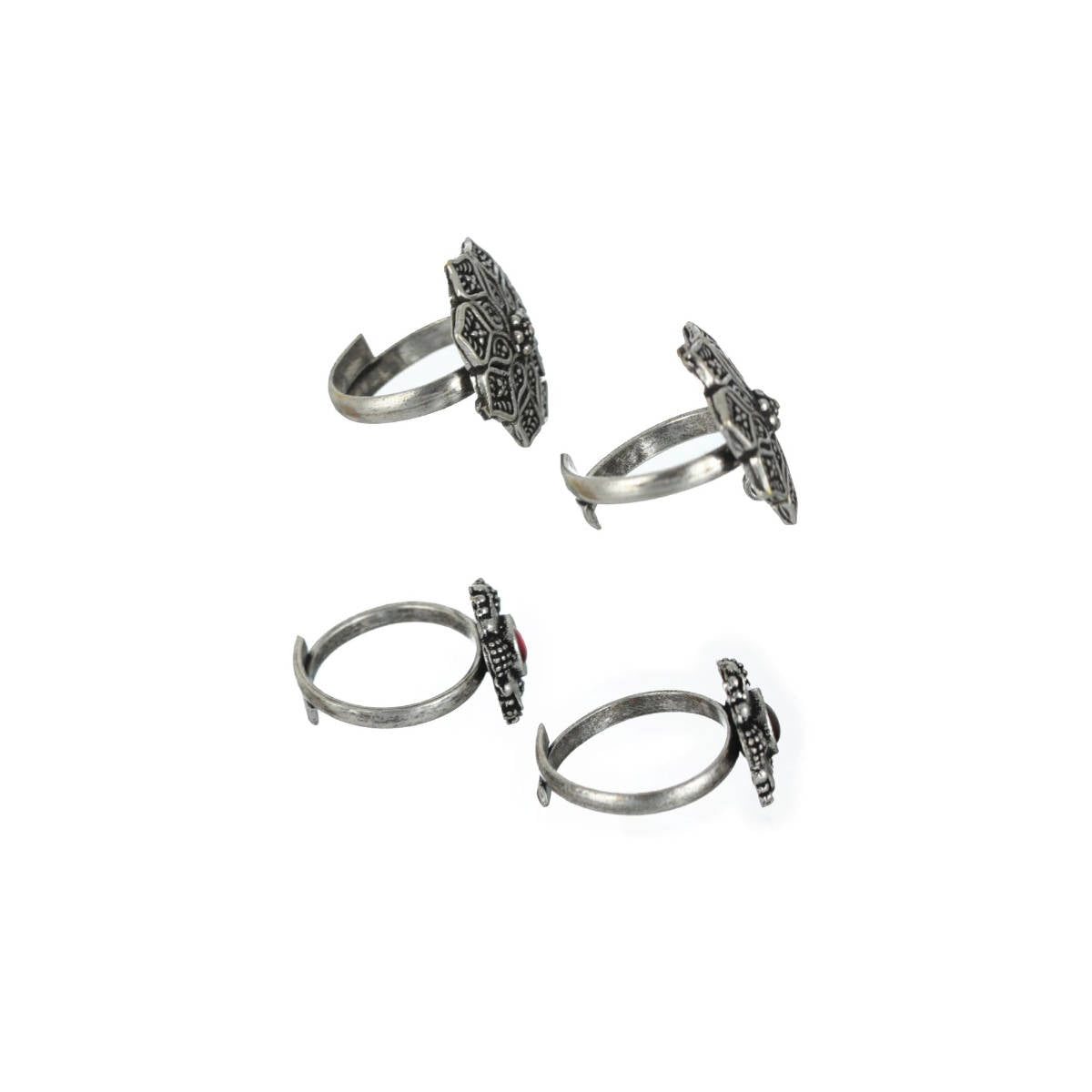 Aatmana Women Set Of 2 Oxidized Silver Toned & Red Stone Studded Adjustable Toe Rings