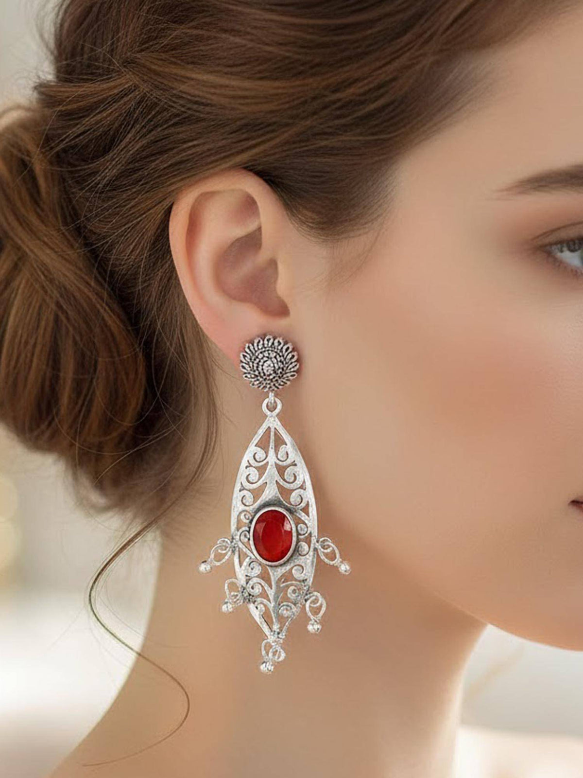 925 SILLER Women Vintage Red Filigree Crimson Drop Earrings