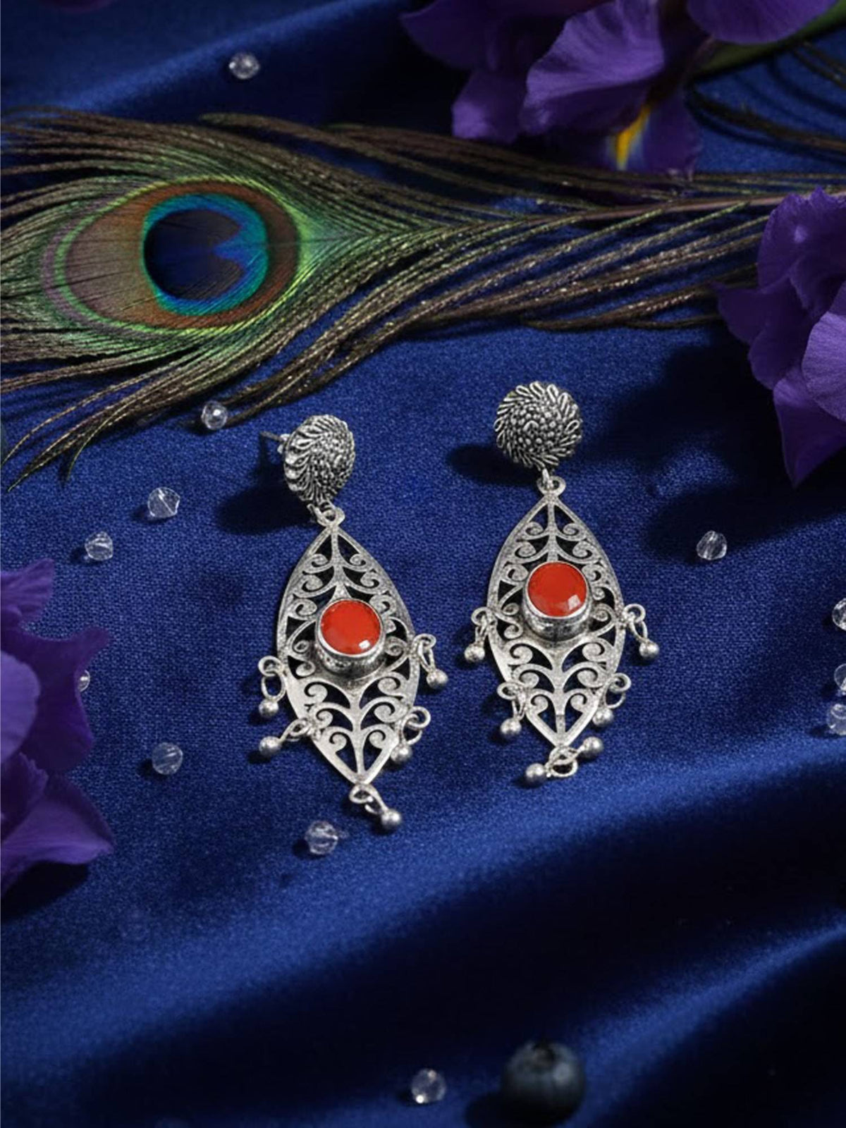 925 SILLER Women Vintage Red Filigree Crimson Drop Earrings