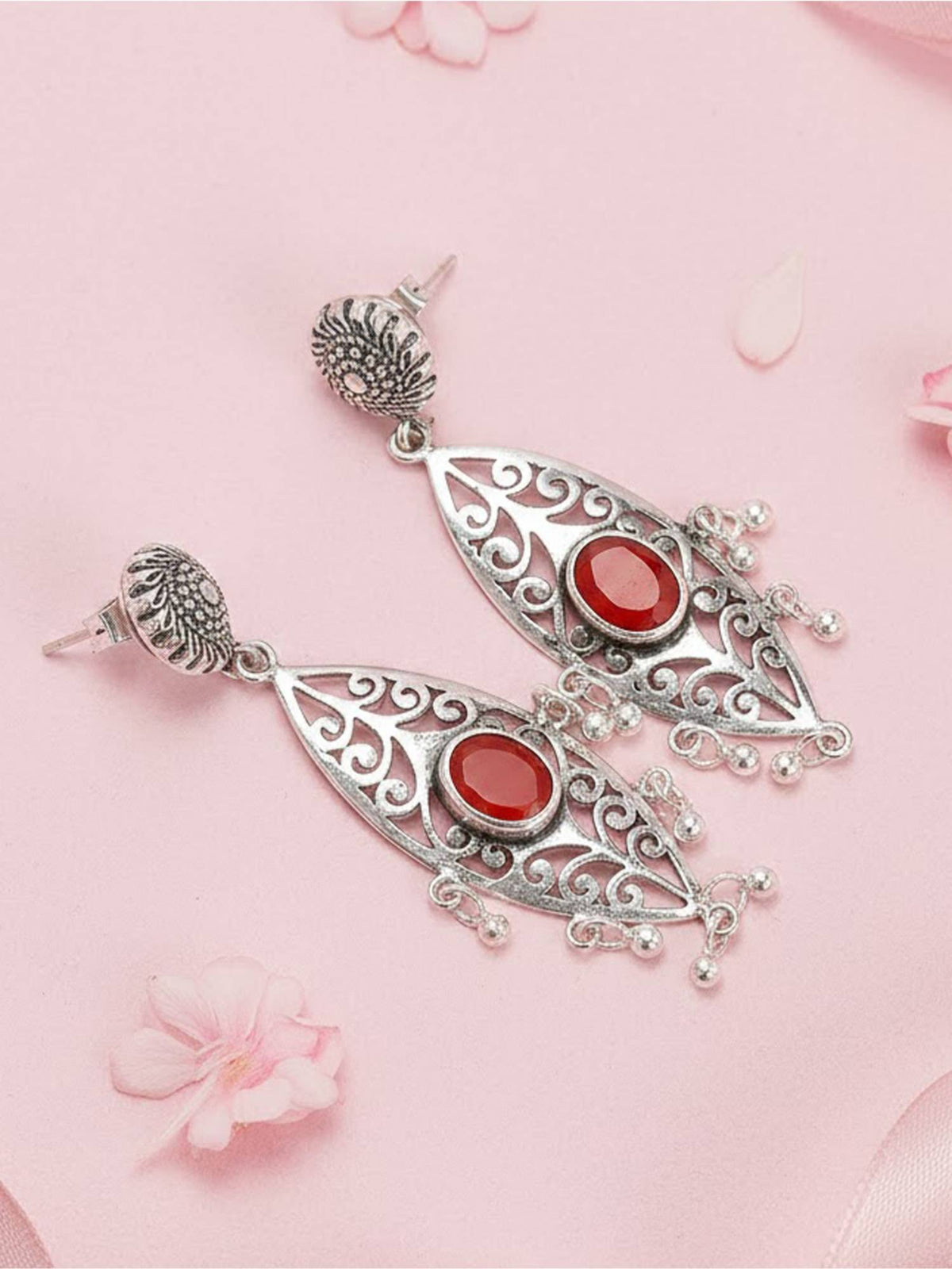 925 SILLER Women Vintage Red Filigree Crimson Drop Earrings