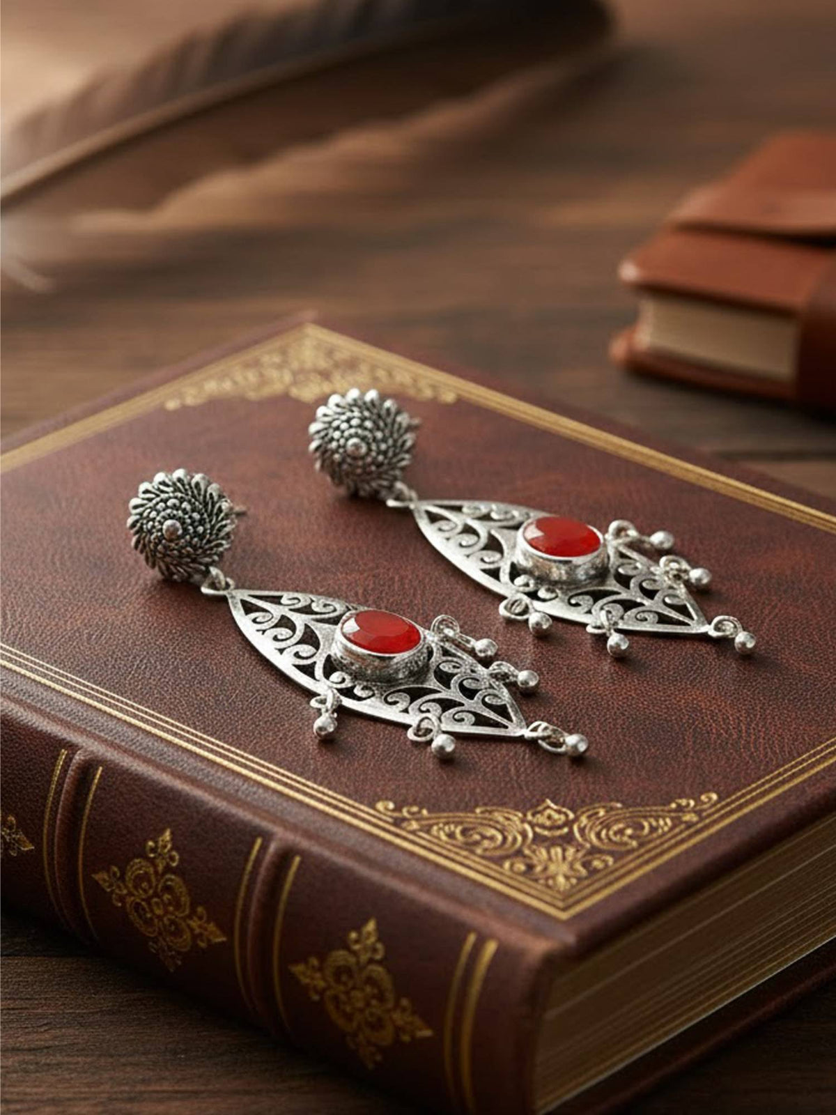 925 SILLER Women Vintage Red Filigree Crimson Drop Earrings