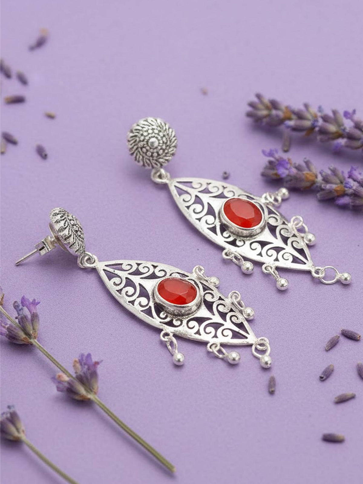 925 SILLER Women Vintage Red Filigree Crimson Drop Earrings