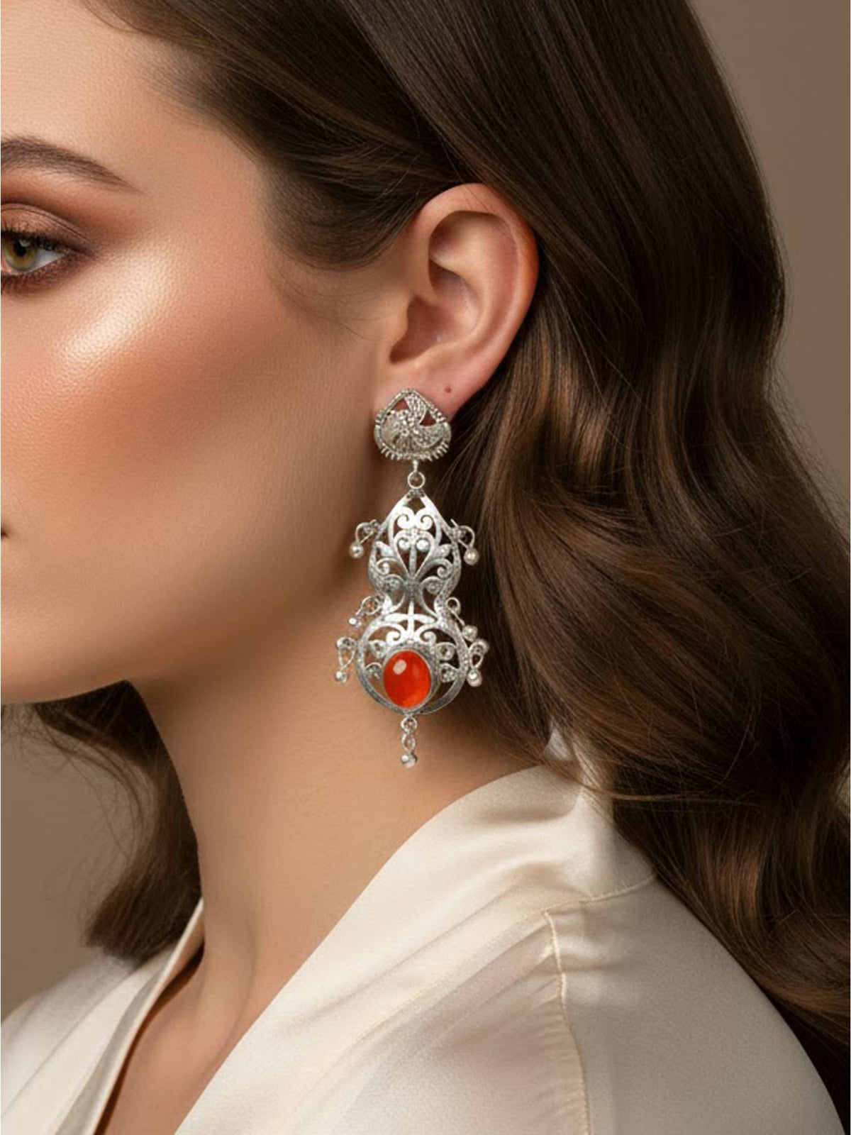 925 SILLER Women Ethnic Filigree Carnelian Drops Earrings