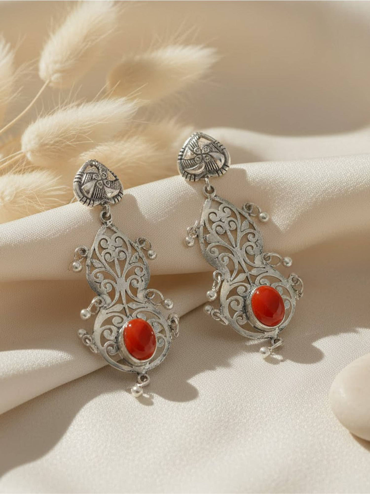 925 SILLER Women Ethnic Filigree Carnelian Drops Earrings