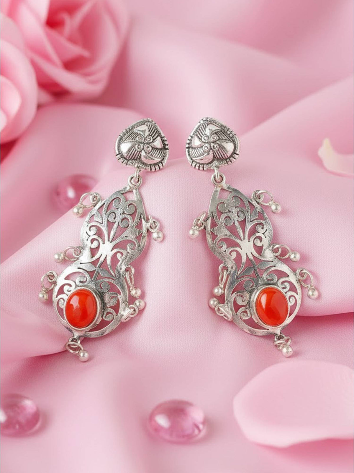 925 SILLER Women Ethnic Filigree Carnelian Drops Earrings