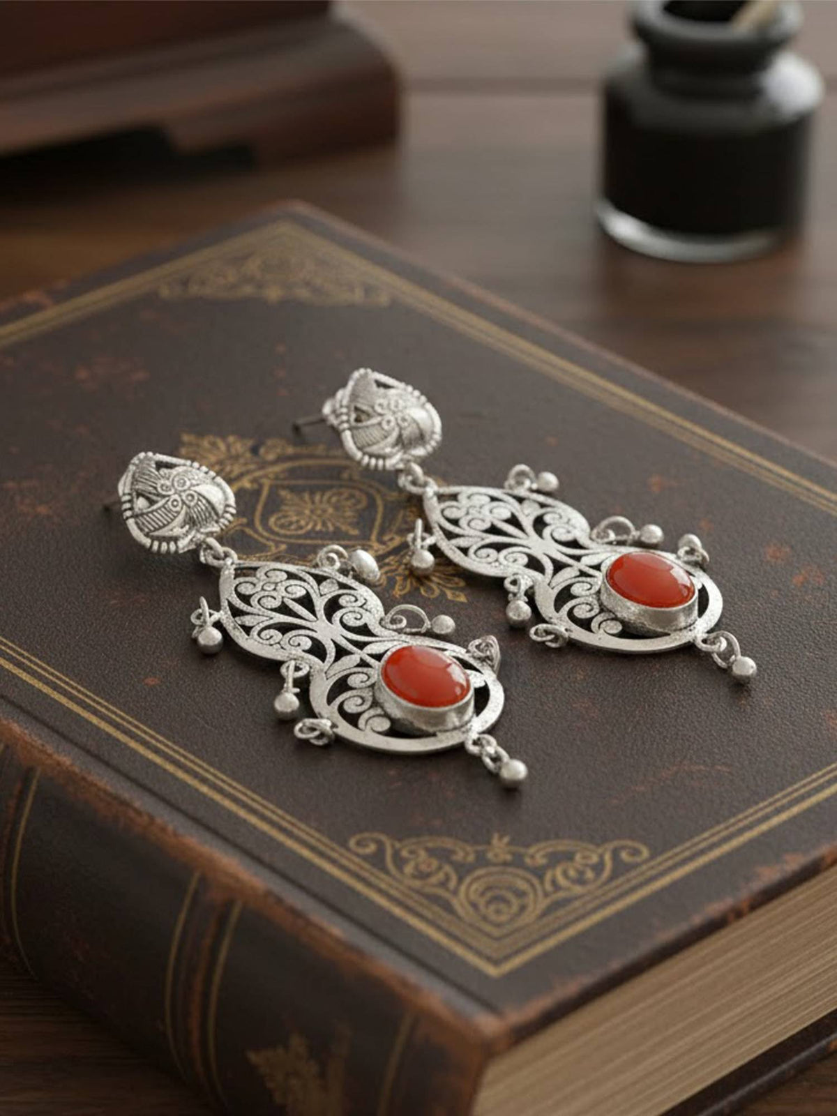 925 SILLER Women Ethnic Filigree Carnelian Drops Earrings