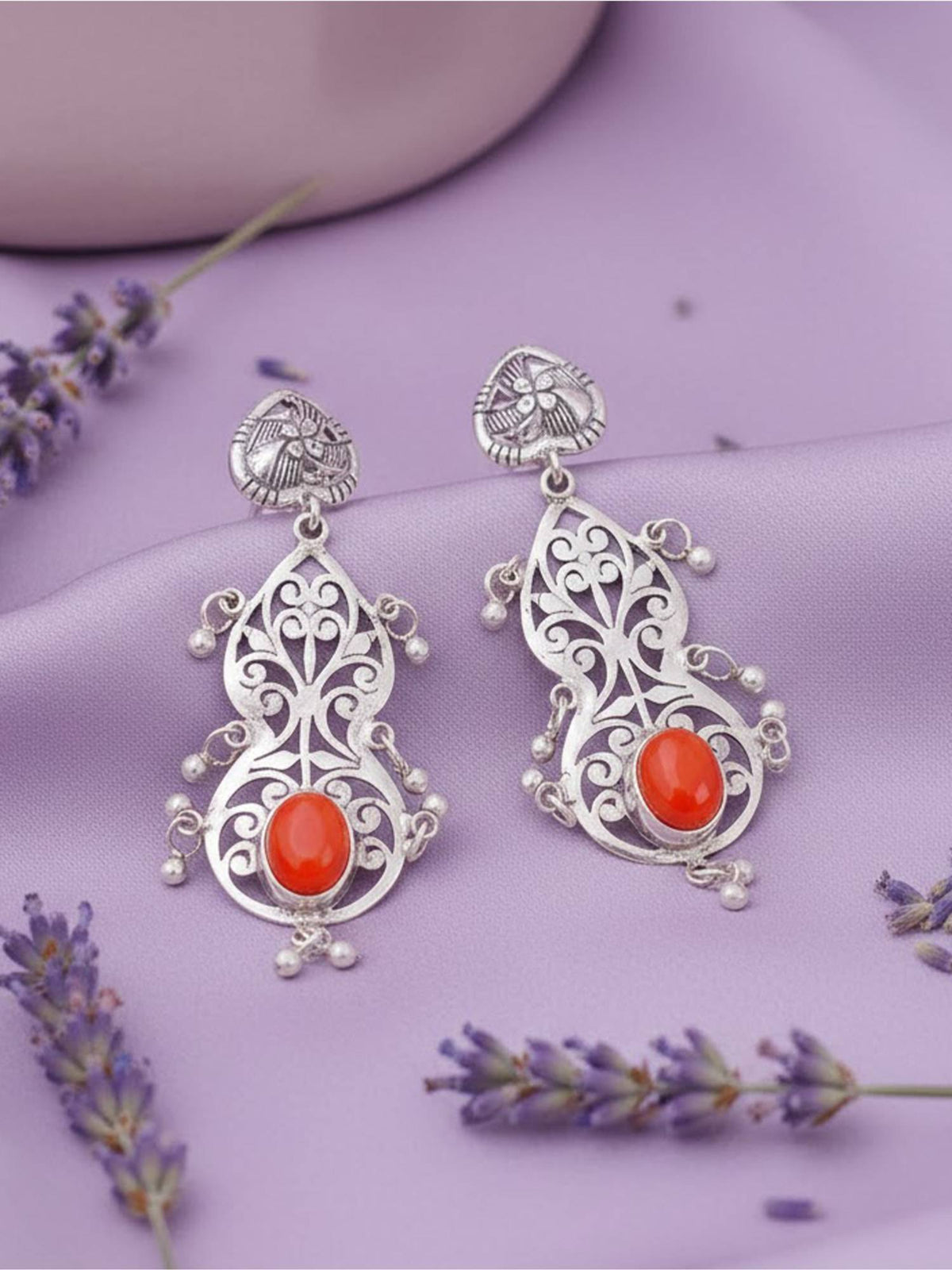 925 SILLER Women Ethnic Filigree Carnelian Drops Earrings