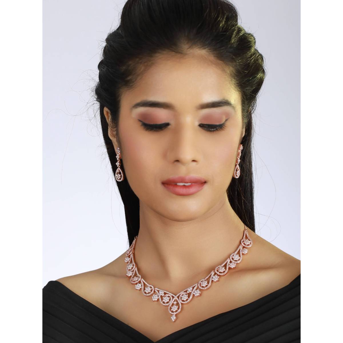 Aatmana Rose Gold Plated White American Diamond and CZ Studded Handcrafted Jewellery Set · One Size
