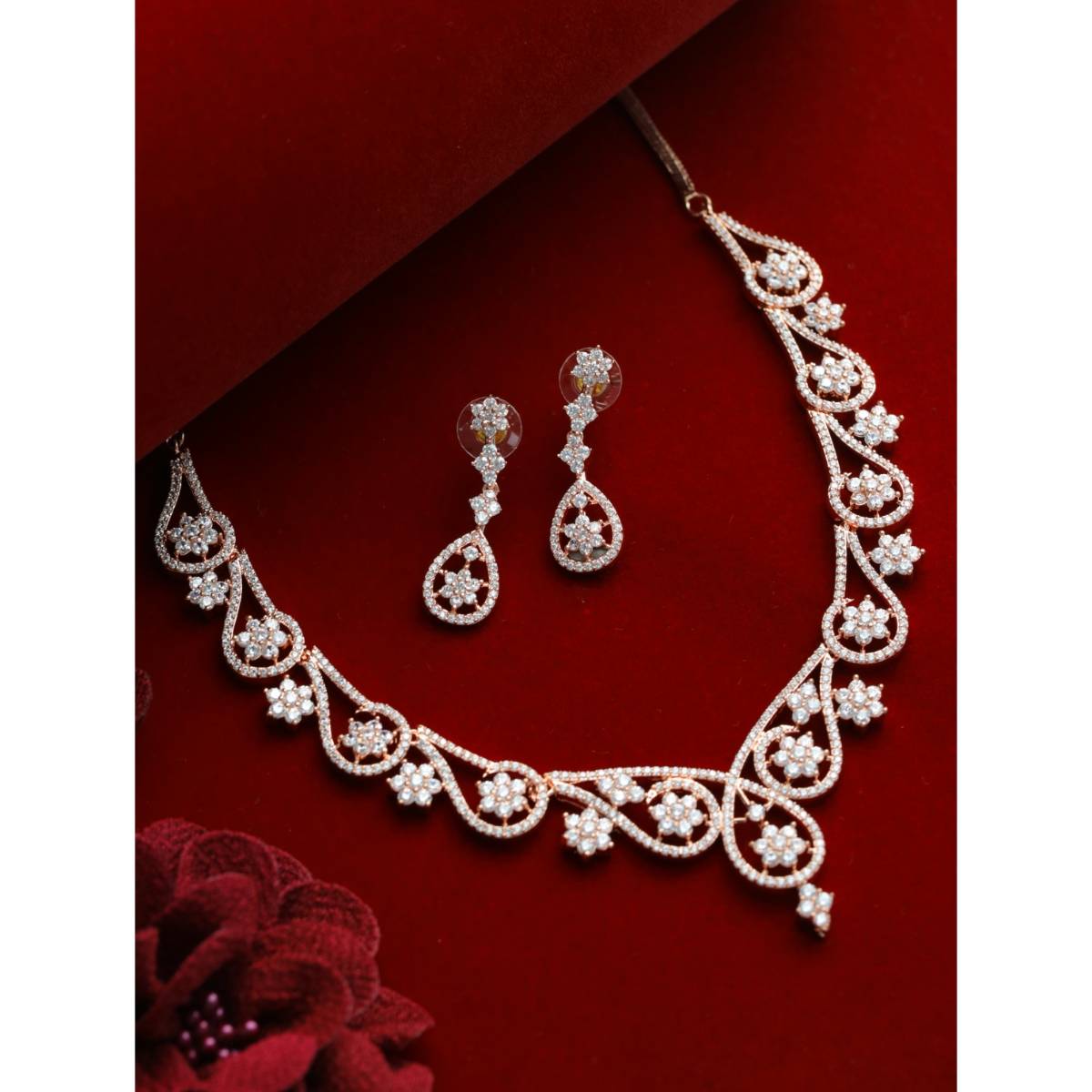 Aatmana Rose Gold Plated White American Diamond and CZ Studded Handcrafted Jewellery Set · One Size