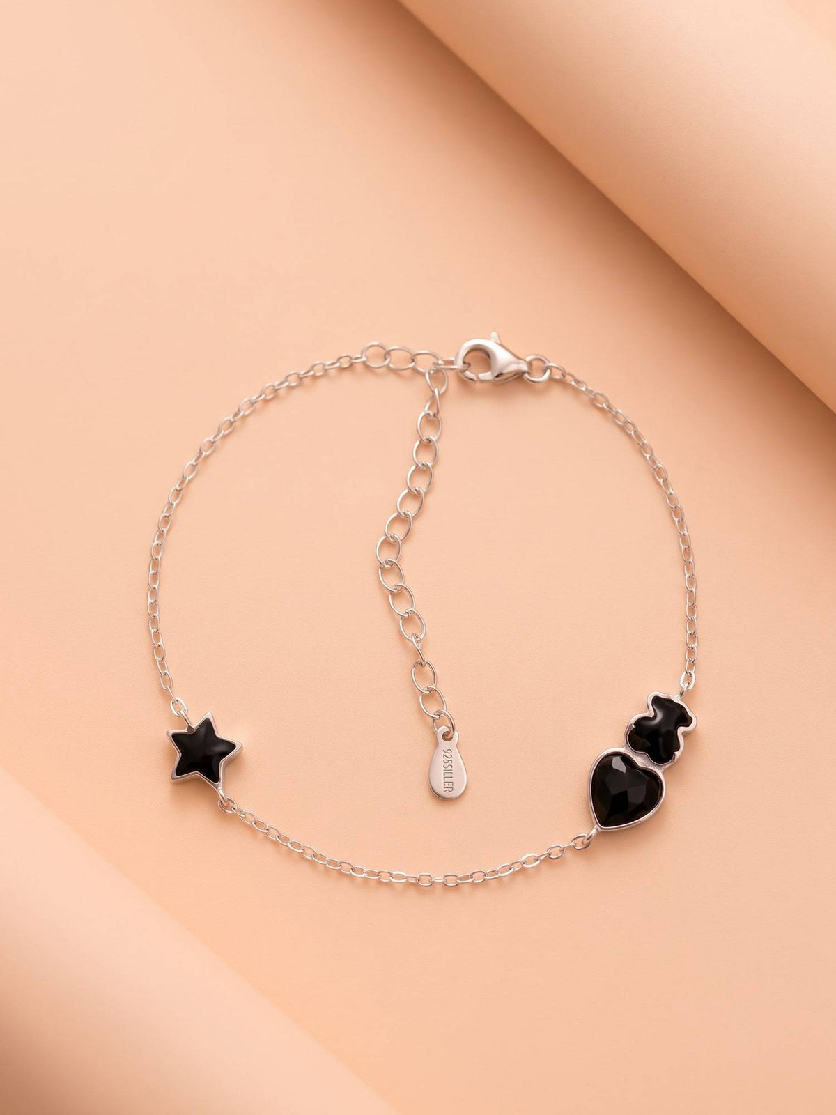 925 SILLER Women Black Stones Rhodium Plated Bracelet