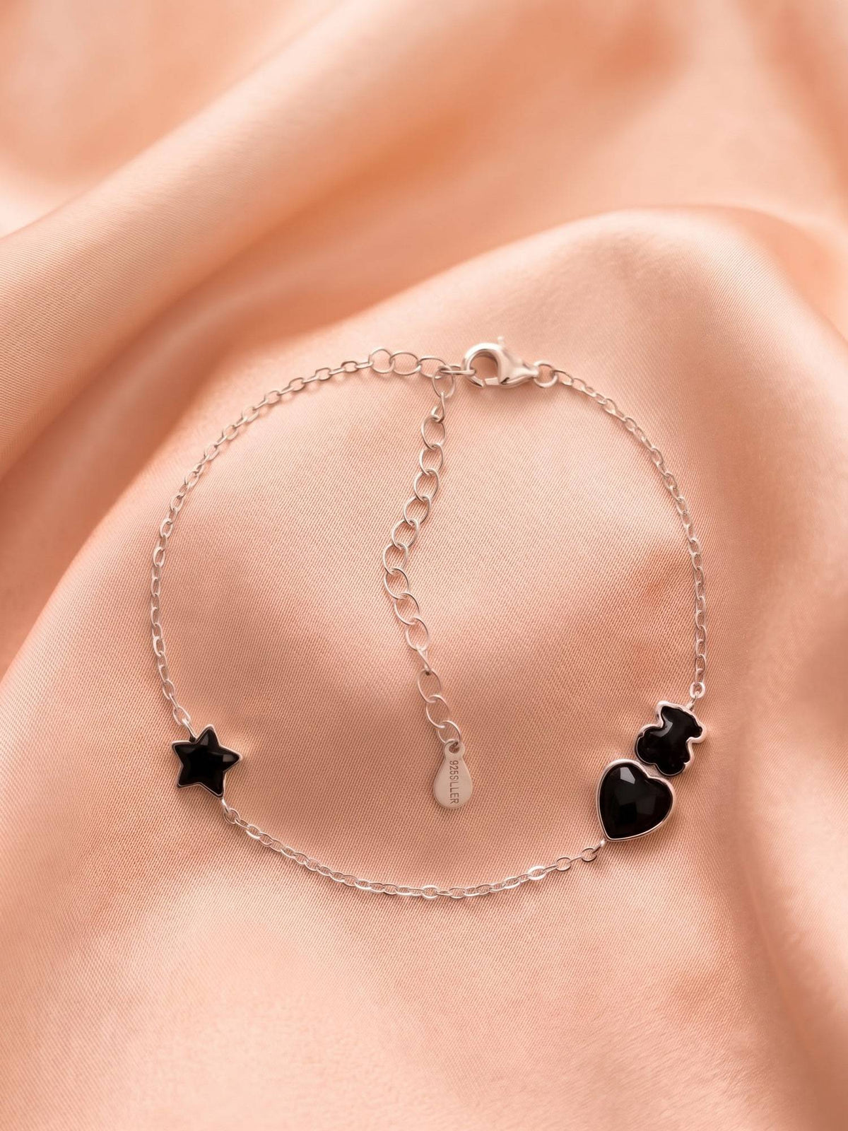 925 SILLER Women Black Stones Rhodium Plated Bracelet