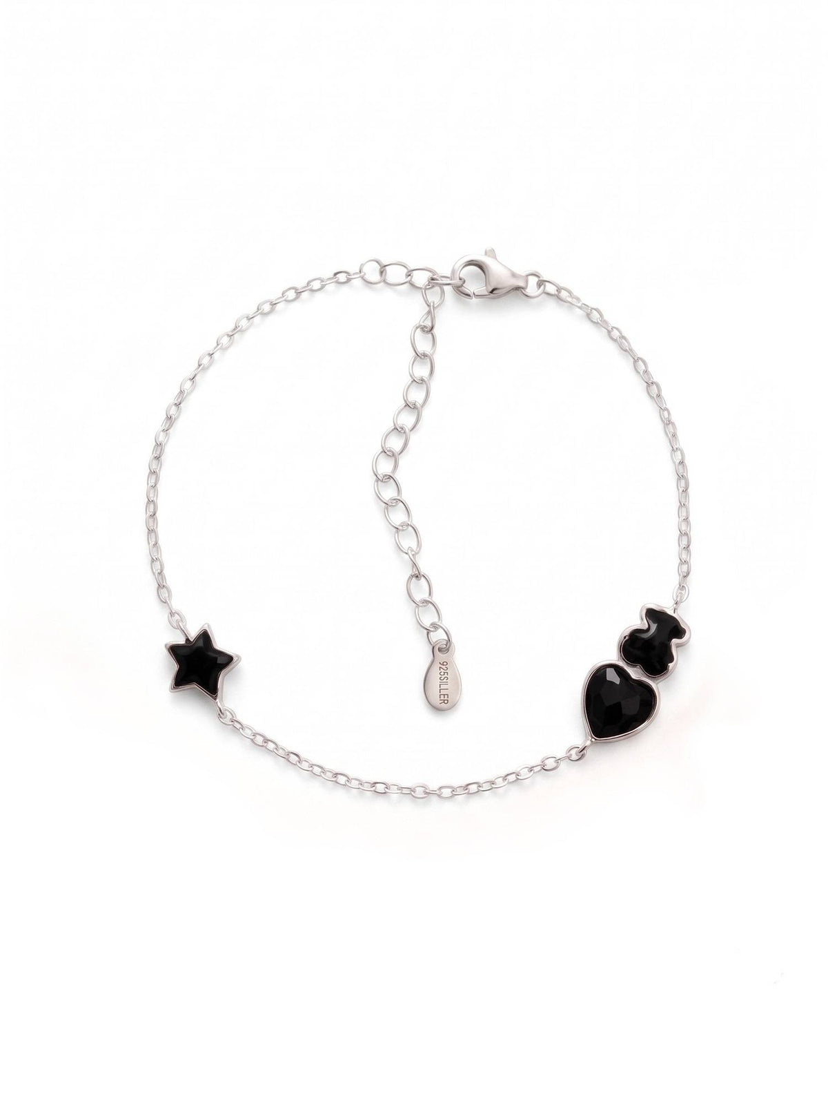 925 SILLER Women Black Stones Rhodium Plated Bracelet