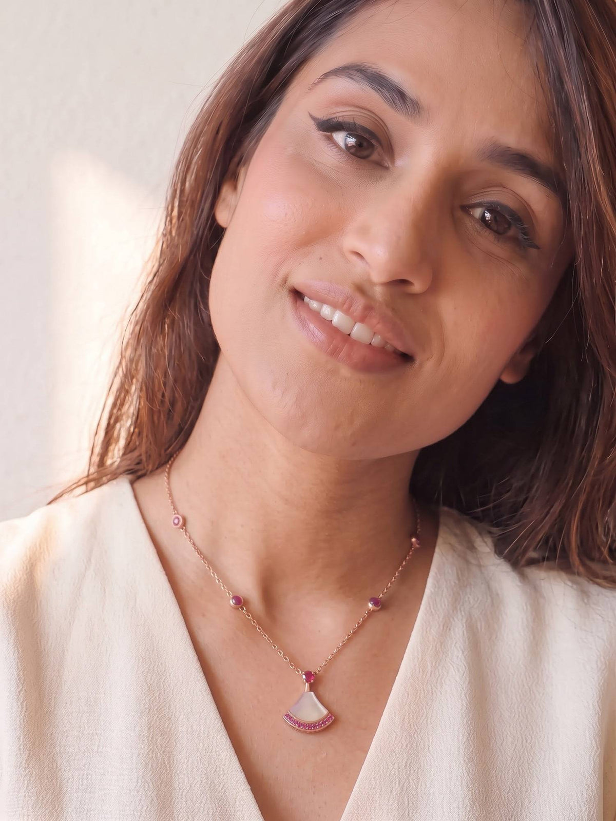 925 SILLER Women Pink Stones Rhodium Plated Necklaces