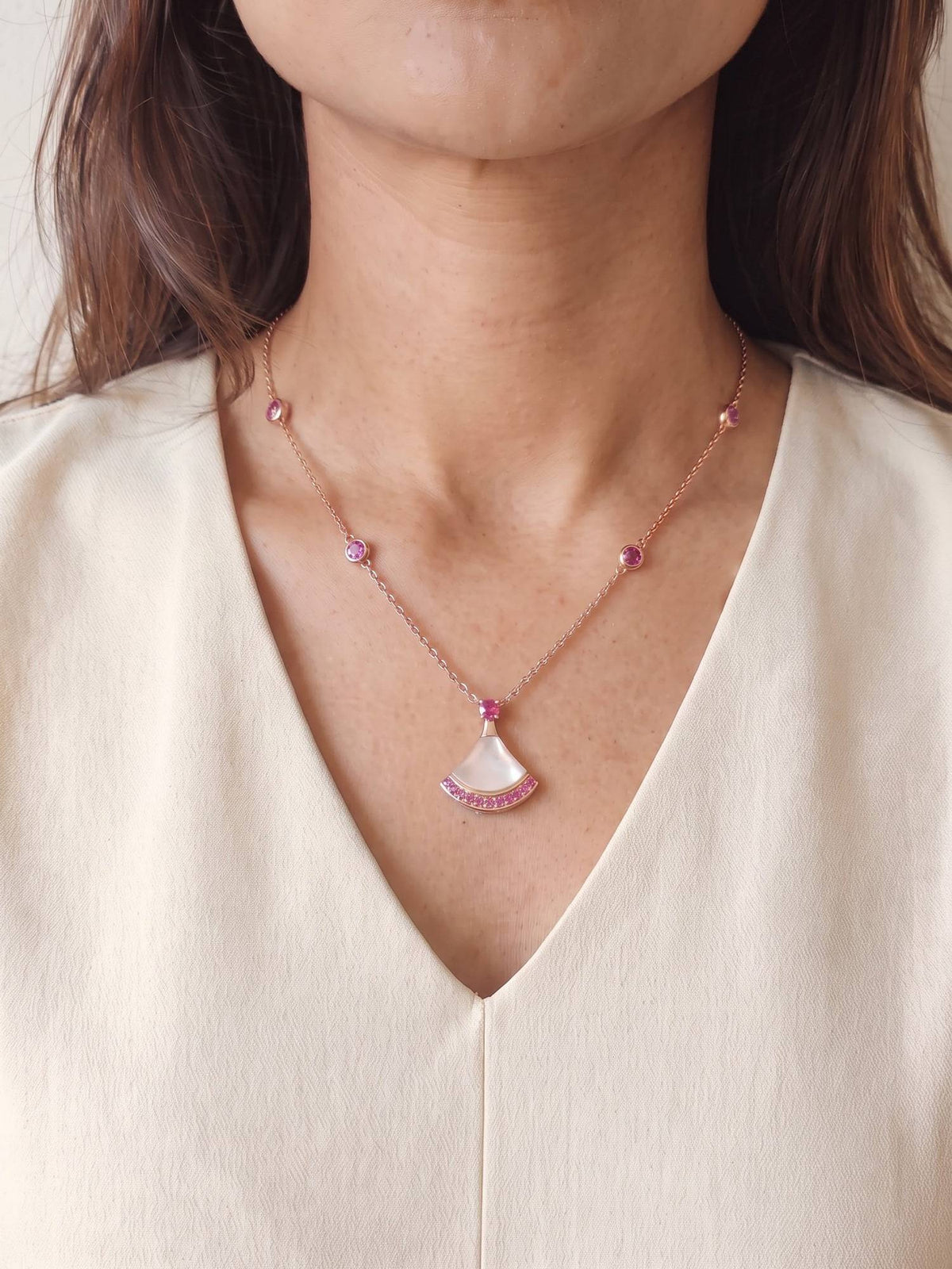 925 SILLER Women Pink Stones Rhodium Plated Necklaces