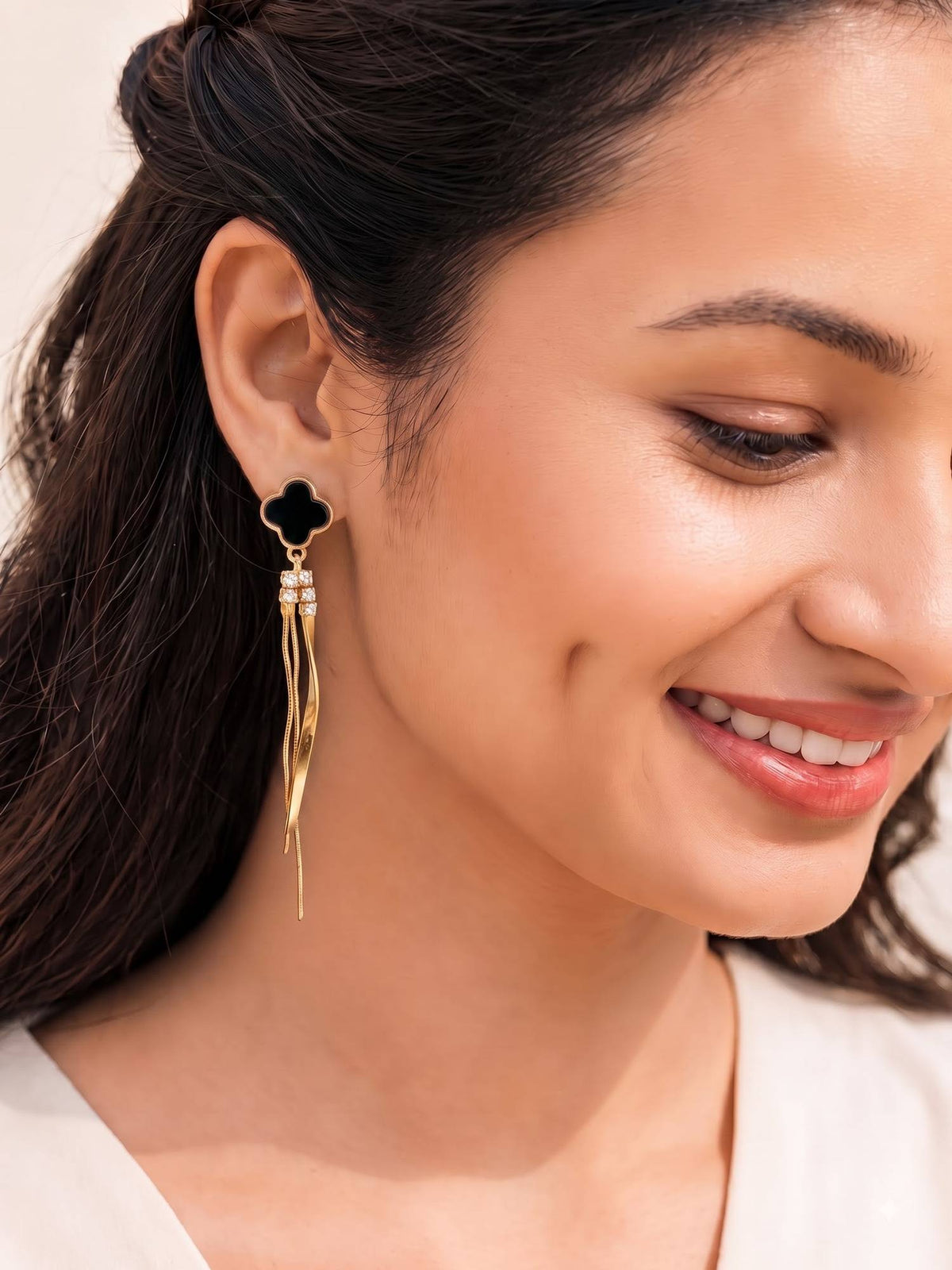 925 SILLER Women Black Stones Rhodium Plated Earrings