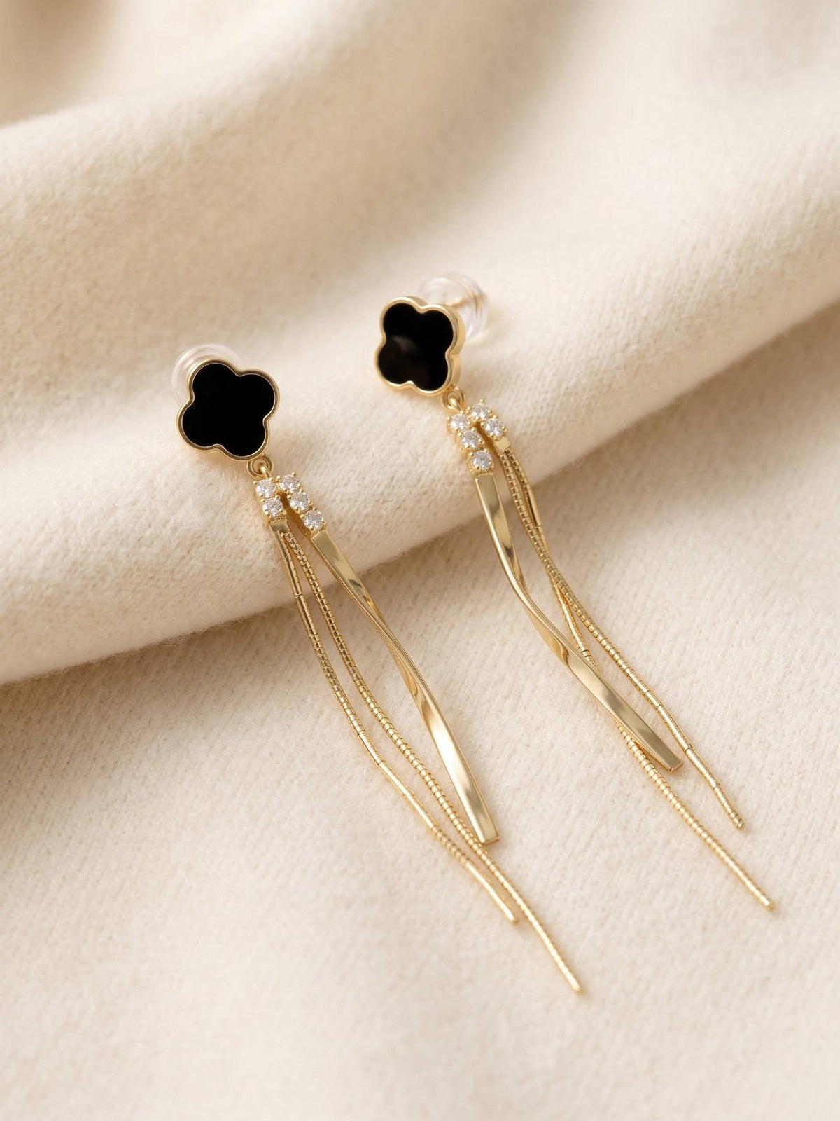 925 SILLER Women Black Stones Rhodium Plated Earrings