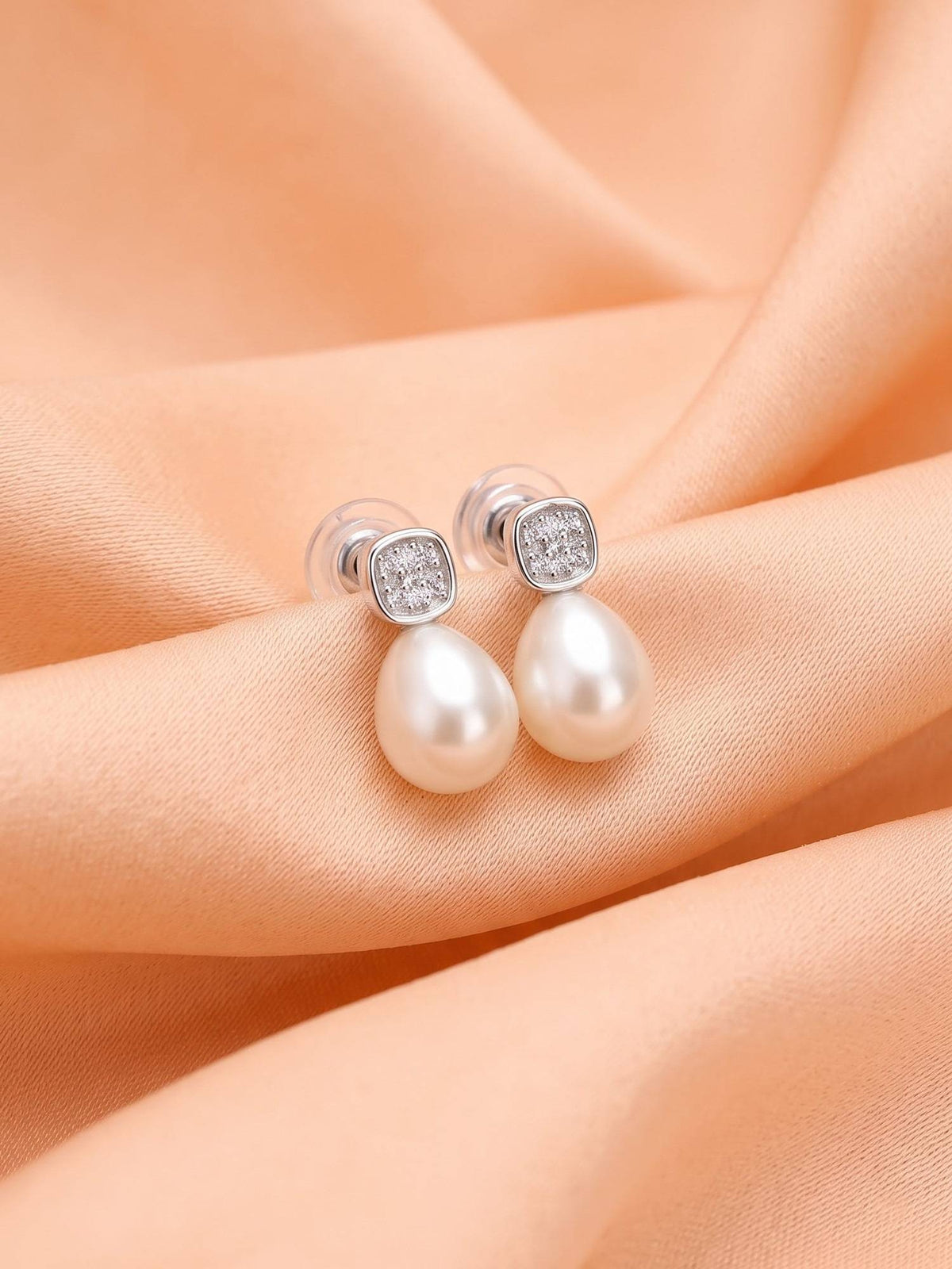 925 SILLER Women White Pearl Rhodium Plated Earrings